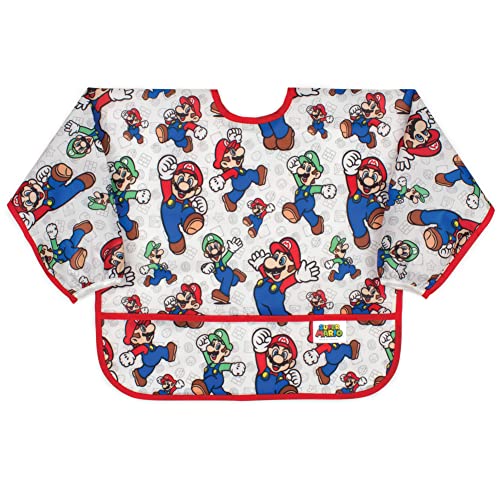 Image of Bumkins Bibs, Baby and Toddler Girls and Boys 6-24 Months, Long Sleeve, Essential Must Have for Eating, Feeding, Mess Saving Lightweight Waterproof Fabric Sleeved Smock, Nintendo Mario and Luigi