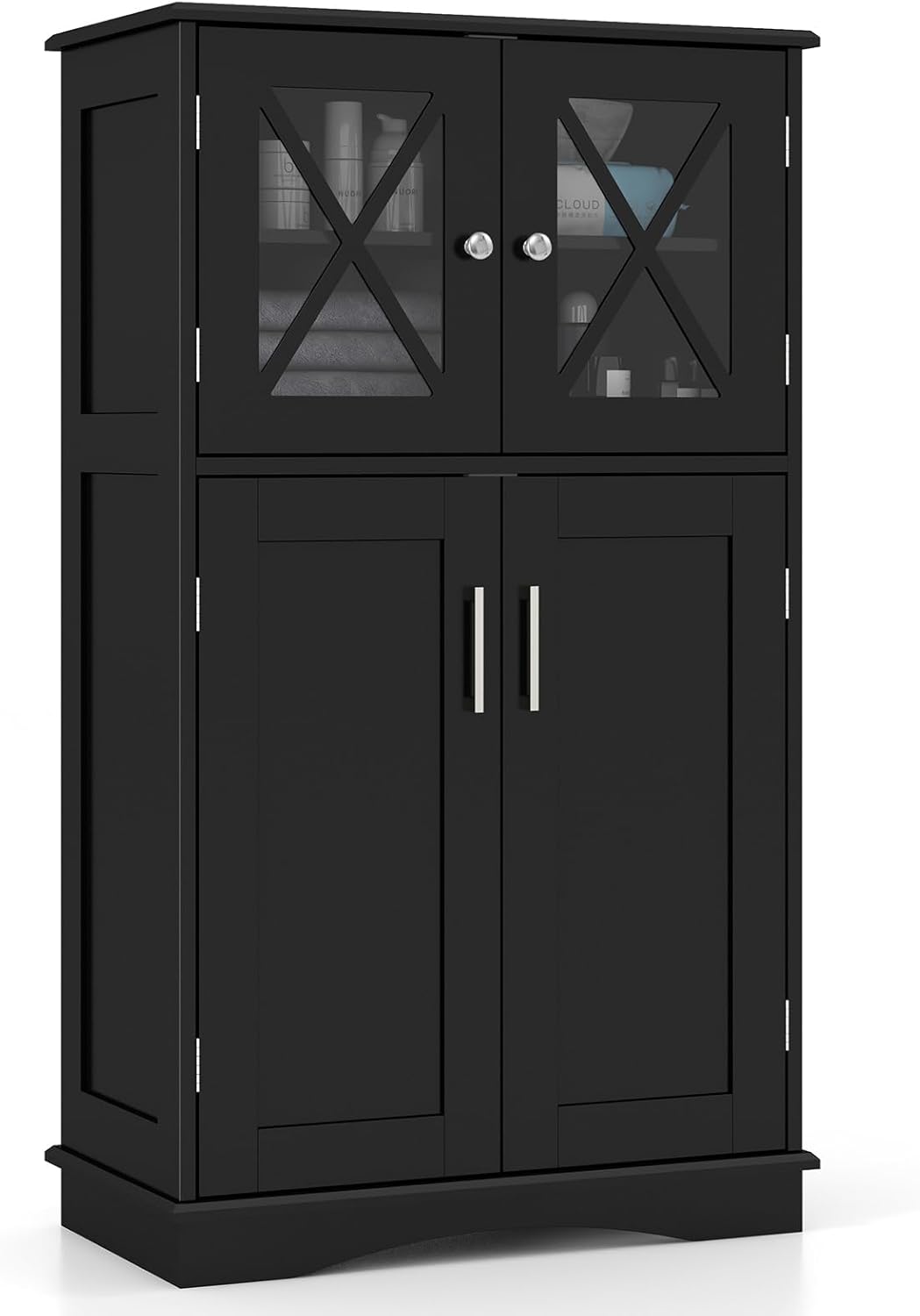 Black MDF Living Room Cabinet with Adjustable Shelving and Glass Doors