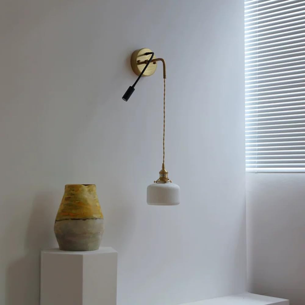 Applique da parete in ceramica retrò Lampada da lettura flessibile per montaggio a parete a LED Lampada da lettura a collo di cigno regolabile con paralume in ceramica a strisce bianche, Lampa