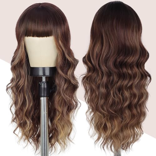 Lativ Brown Wig With Bangs Long Wavy Brown Mixed Blonde Highlight Wig with Dark Roots Ombre Natural Curly Synthetic Resistant Fiber Wigs for Women Daily Party Use 26 Inches