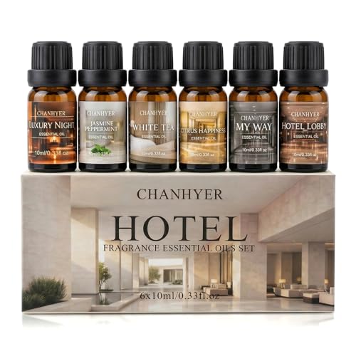 Coffret d'Huiles Essentielles pour Diffuseurs Luxe Hôtel 6 x 10ml-Luxury Night，Jasmine Peppermint，White Tea，Citrus Happiness，My Way，Hotel Lobby，pour Humidificateur Cadeau pour un ami