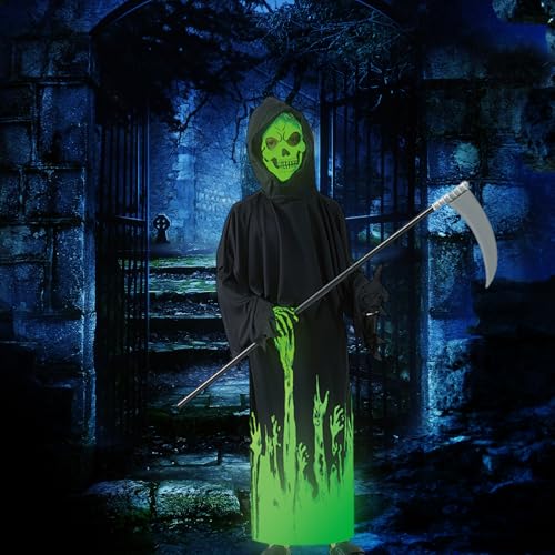 HarnyLoom Grim Reaper Costume Kids Boys Halloween Glow in the Dark Skeleton Death Ghost Scythe Outfit Scary Grim Reaper Robe Phantom Gloves Fancy Dress Cape (L) - Image 4