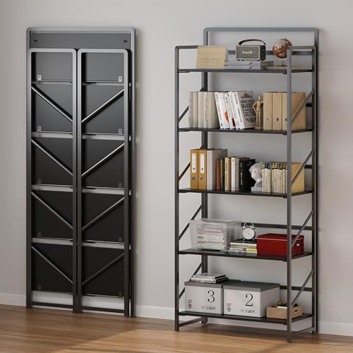 Image of JSB No Assembly Folding Bookshelf, 5 Tier Industrial Metal Book Shelf for Storage, Vintage Wood Foldable Bookcase for Living Room, Bedroom, Office Organization Shelves