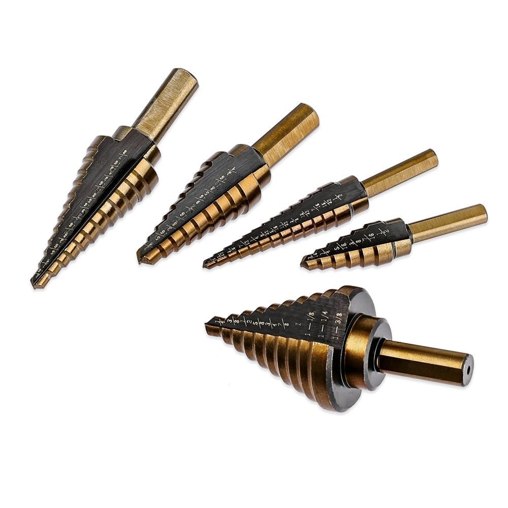 Kit de taladro， Juego de 5 brocas escalonadas de titanio y acero HSS (50 tamaños) for perforar madera y conos.