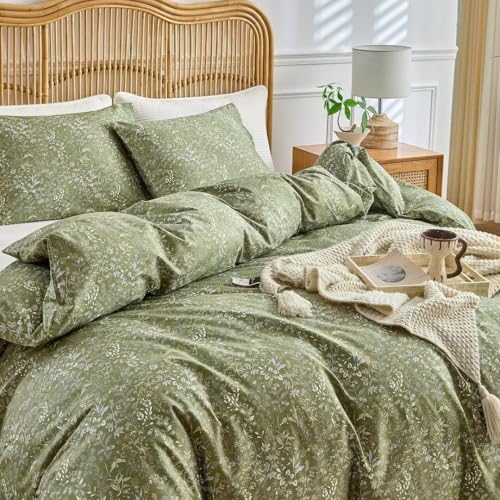 Image of MKXI Duvet Cover Queen Size Boho Bedding 100% Cotton Reversible Floral Duvet Cover Set with Zipper, Soft & Breathable Army Green Bedding Set Botanical Wildflower Duvet Covers