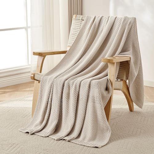 Joydeco Chunky Cable Knit Throw Blanket, Lightweight 100% Organic Cotton Soft Cozy Throw Twin Blanket for Couch Bed and Sofa, Rustic Breathable Farmhouse Blanket Gift for Women Men(Beige, 51'x63')