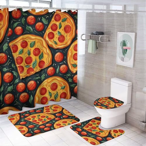HighonHi Pepperoni Pizza 4 Pcs Shower Curtain Set Bath Mat U-Shaped Floor Mat Toilet Lid Oval Rug Funny Realistic Food Waterproof Personality Pattern Bath Curtain for Bathtub Decor