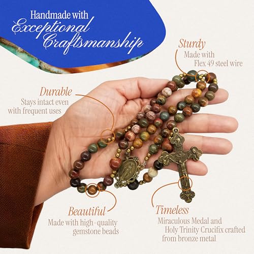 Exquisite Handmade Catholic Rosary Beads with Miraculous Medal and Holy Trinity Crucifix – 8mm Decade Beads – 10mm Mystery Beads - for Men, Women and Children3