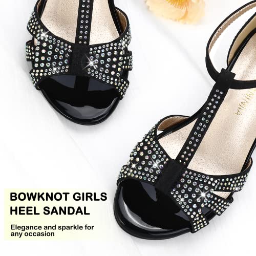PANDANINJIA Sally Girls Heels Todder Rhinestone Dress Shoes Pump T Strap Open Toe Bow Little Big Kids Flower Girl Shoes(Black Glitter 4 M US Big Kid)2