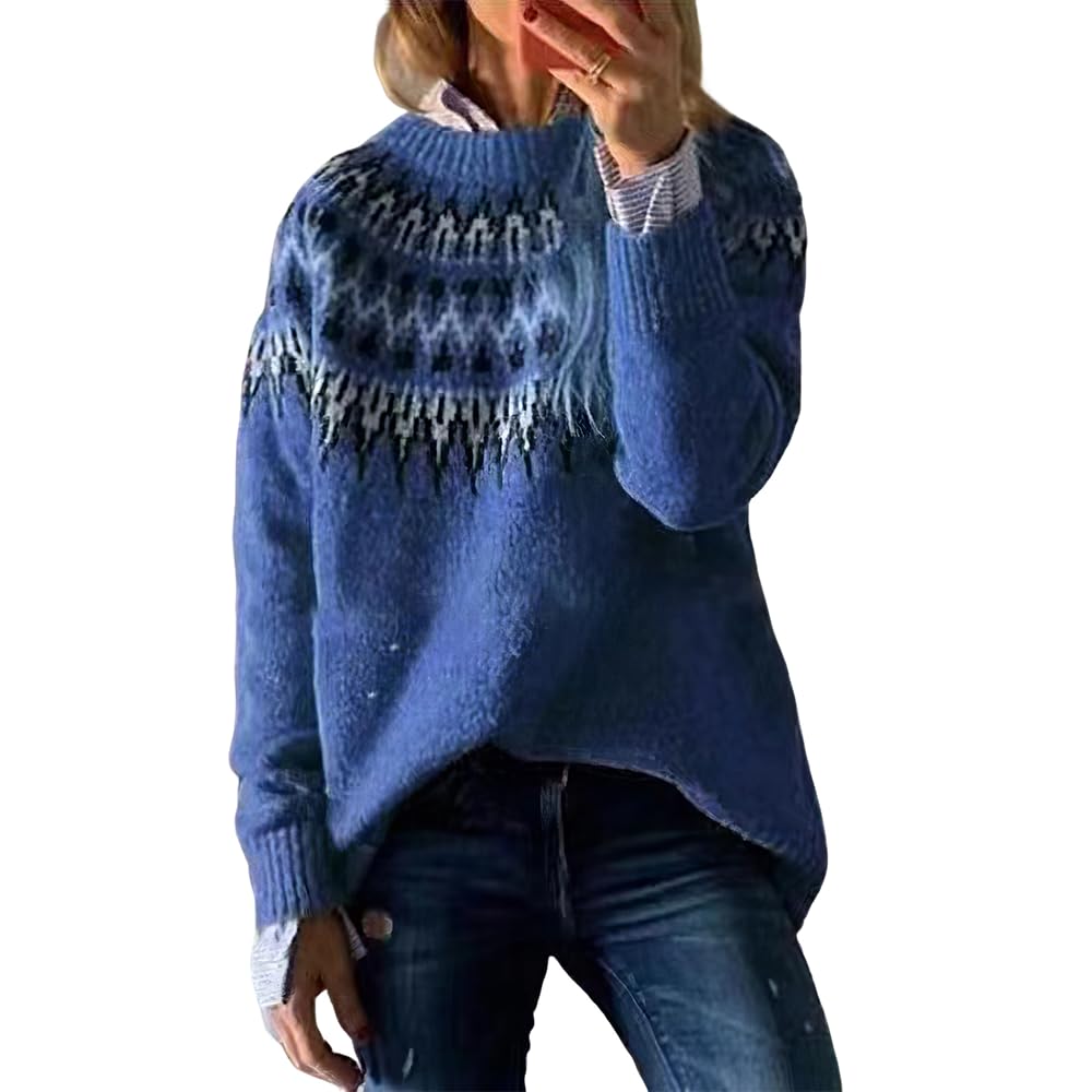 Womens Fall Vintage Fair Isle Sweater Casual Loose Long Sleeve Crewneck Knitted Pullover Sweater Tops