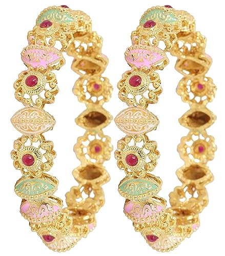 Image of NMII Brass Gold Plated Bangles Set For Girls and Women Studded Pearls and Stone | Gold Plated Brass Bangles | Metal bangles | (Pack of 2)