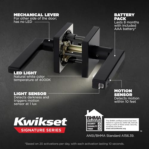 Kwikset Halifax LED Motion Activated Light Up Passage Door Lever for Closet and Hallway Doors, Reversible Non-Locking Handle Lever, Matte Black, with Microban Protection - image 5