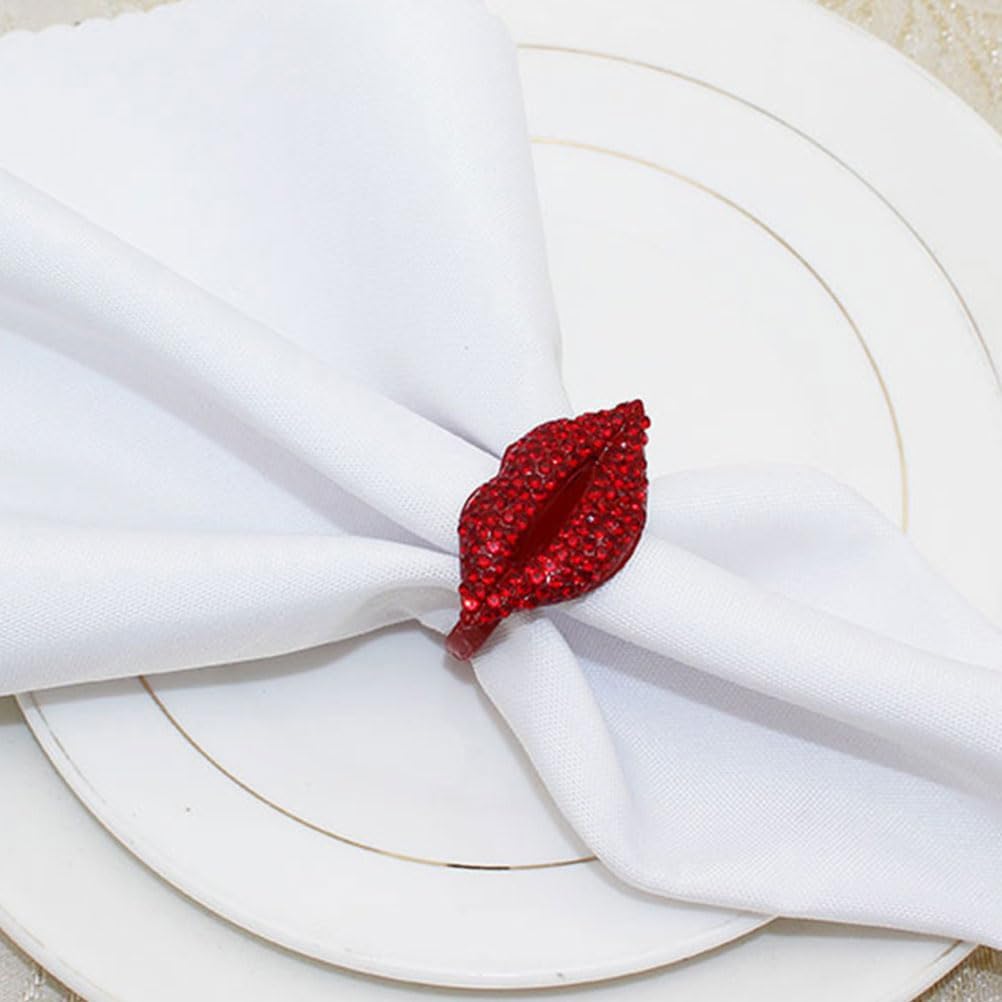 LUOZZY 12 Pcs Red Lip Napkin Rings Rhinestone Bling Alloy Table Decor Valentine Wedding Special Occasions