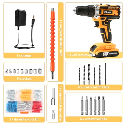 Image of Cordless Drill Set 21v Power Drill Cordless With Battery & Charger, 84pcs Accessories Electric Drills Variable Speed, 3 /8 inch Keyless Chuck, Built-In Level and 2 Driver orange kit