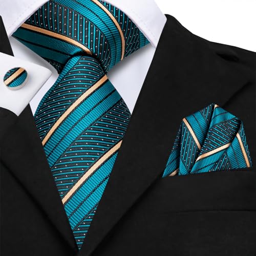 Image of Hi-Tie Silk Ties for Men Plaid Paisley Striped Necktie Pocket Square Cufflinks Set Formal Business