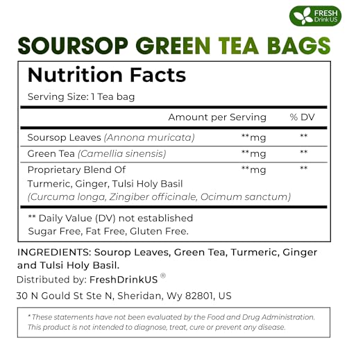 Image of FreshDrinkUS, Premium 40 Tea Bags Soursop Green Tea, 100% Natural & Proprietary Blend from Soursop Leaves and Green Tea. Smooth Flavor. Made with Eco-Conscious Tea Bags. No Additives No Sugar, Vegan.