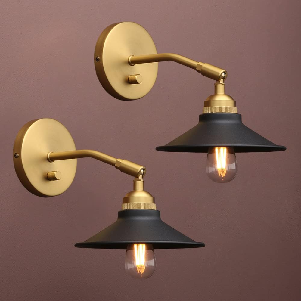 Yosoan Set of 2 Indoor Bedside Wall Sconce with On Off Switch, Hardwired Vanity Vintage Industrial Wall Mount Light, 340 Degree Angle with 7.1" Matte Black Shade for Reading Bedroom (Black-Antique)