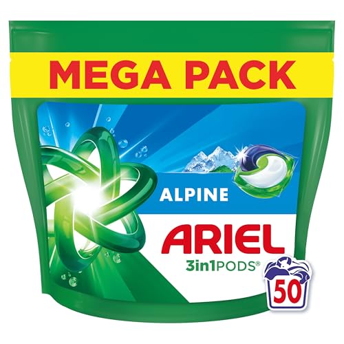Ariel Pods 3en1 Alpine, Lessive en Capsules, 50 Lavages, Action Détachante En 1 Seul Lavage, Dissolution Rapide Même à Froid, Fabriqué en France