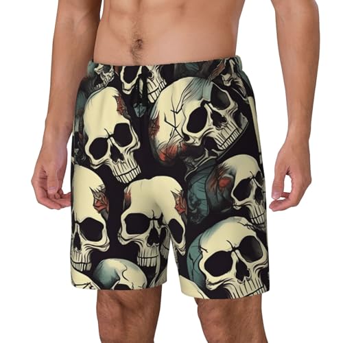 Skull Skeleton Print Mens Swim Shorts Trunks Inseam Compression Liner Quick Dry Zipper Pocket Black2