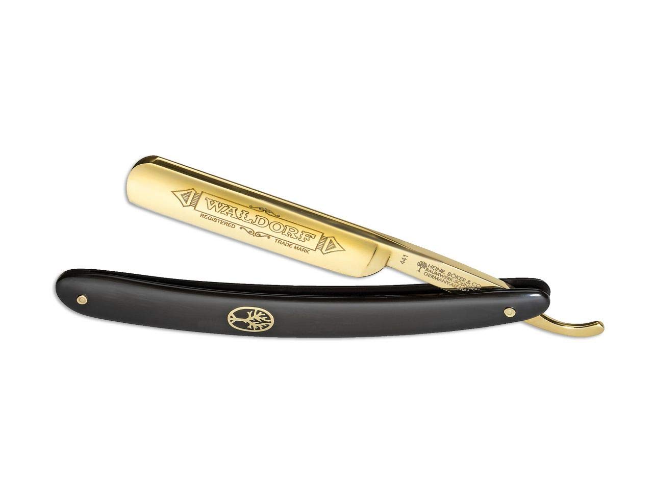 Navaja afeitar barbero alemana BÖKER WALDORF 24 KARAT 5/8" con hoja de acero carbono de 7,8 cm y empuñadura de sintético negro de 15,7 cm. Fabricada artesanalmente en Sollingen 140321 profesional