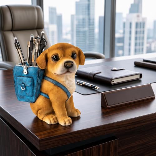 Image of Resin Pen Holder for Desk, Cute Dog Pens Stand with piggy bank