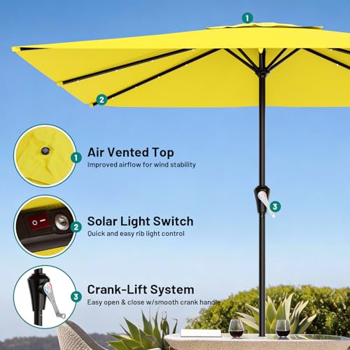 Image of AreShark 8' X 10' Rectangular Patio Umbrella with Solar Lights, Lighted Solar Umbrella with Crank, Outdoor Table Umbrella for Garden, Deck, Backyard, Pool and Beach, Yellow