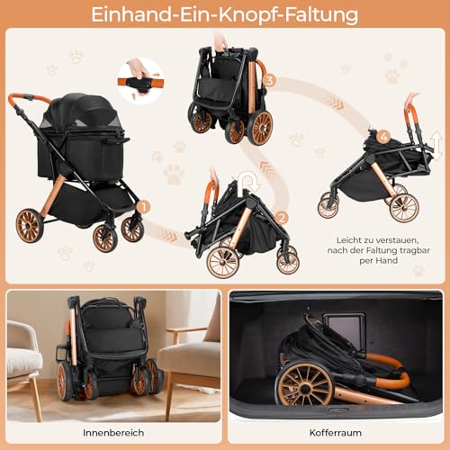 MAMIZO Faltbarer Hundebuggy One-Touch, Faltbar Katzenwagen, Bis 25 kg, Aluminium-Carbonstahl-Gestell, Höhenverstellbarer Griff, Getränkehalter, 4 PCS 360° Gummiräder, für kleine Hunde Katz, Schwarz