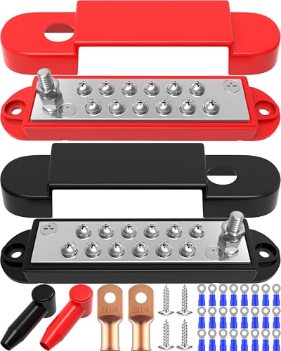Bus Bar 12V 150A Power Distribution Block: DC Battery Marine Bus Bar Terminal Block with Cover 1/4" Stud 12 × #8 Screws Ground Power Distribution Block for Automotive RV Solar Wiring Boat Accessories