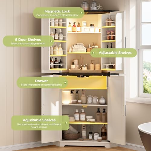 Image of Dripex 71 inch Corner Cabinet White, Farmhouse Kitchen Pantry Cabinet with Doors Storage & Adjustable Shelves, Tall Corner Storage Cabinet with LED Light, Food Pantry for Living Room, Dining Room