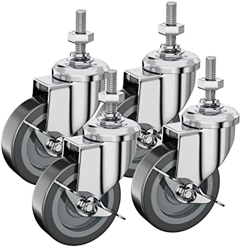 Houseables Caster Wheels, Casters, Set of 4, 3 Inch, (Screw Diameter 3/8"-16, Length 1.5"), Rubber, Heavy Duty, Threaded Stem Mount Industrial Castors, Locking Metal Swivel Wheel, for Furniture, Cart