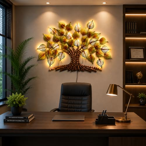 Image of Bharat Art Big Tree Metal Wall Art with LED Light | Handcrafted Iron Tree Wall Hanging for Living Room, Bedroom, Hall, Office | Pan Tree WD049 | Size: 36x2x24 Inch - WD049