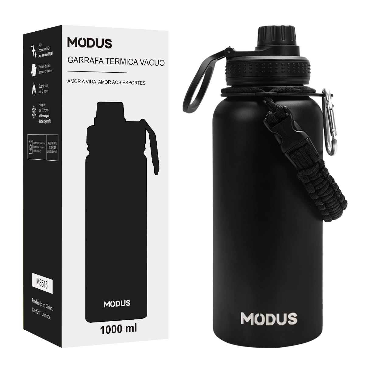 MODUS Garrafa Térmica Esportiva De Aço Inoxidável Com Isolamento A Vácuo De 950ML (Preto)