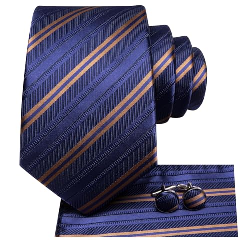 Image of Dubulle Mens Paisley Floral Silk Tie for Men Blue Brown Striped Necktie and Pocket Square Cufflinks Set Wedding Business