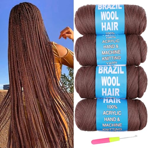RuiYok 4 Pcs Brown Brazilian Wool Hair for Braids Acrylic Hand Knitting Yarn for Braiding Hair Faux Locs Crochet Hair Boho Box Crochet Braids Synthetic Braiding Hair Extensions(#30)