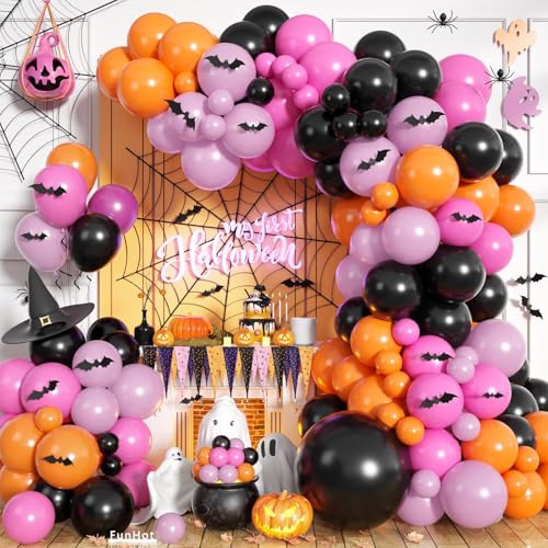 Image of Pink Halloween Balloon Garland Arch Kit,Purple Black Balloons with 3D Bats Decor,Spider Foil Balloon for Halloween Birthday Party Supplies Decorations