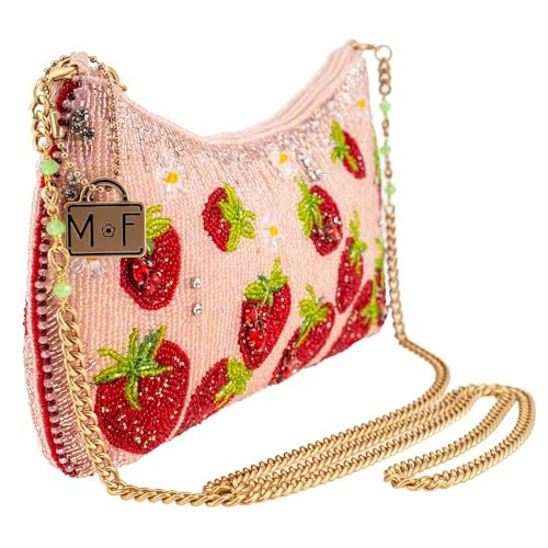 Mary Frances Strawberry Fields Beaded Crossbody Clutch Handbag – Statement Evening Bag with Removable Chain Strap, Pink3