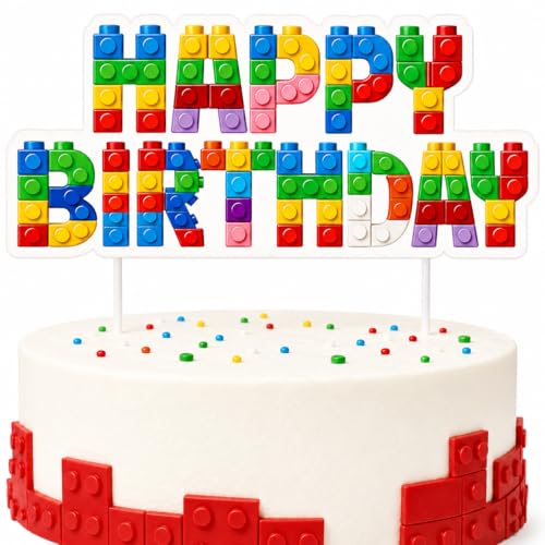 Building Block Happy Birthday Cake Topper for Boys Colorful Brick Style Birthday Cake Decoration Large Preassembled Birthday Cake Pick for 3 4 5 6 Year Old Boy Birthday Party Supplies