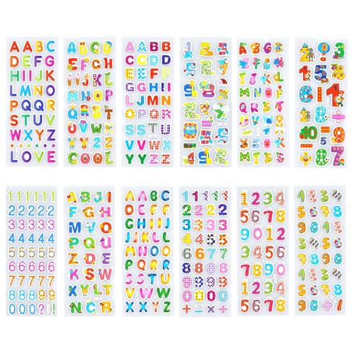EASYKEENECOM Adesivi con numeri 3D per bambini, 12 fogli, adesivi colorati alfabeto per bambini, numeri autoadesivi, decorazione fai da te, per ragazze e ragazzi