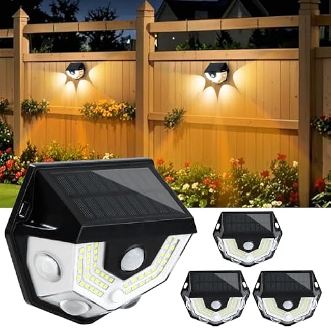 Solar Motion Lights Fence Lights Outdoor Wall Light 54LEDs White Light 4LEDs Warm Light