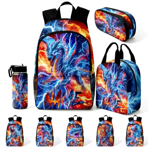 Image of Kids Custom Backpack for Boys Toddler Backpacks Back to School Bookbag Set | Kid Personalized Backpack with Lunch Bag Boys Kindergarten Elementary Preschool Daypack Birthday Gifts Blue Dragon Animals