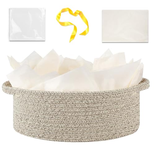 Image of OIAHOMY Gift Basket with Handle, Small Woven Basket with Gift Bag,Ribbon and Wrap Tissue Paper,Nursery Bins Empty to Fill with Small Items, Baby,Pet Toy Organizer - Brown