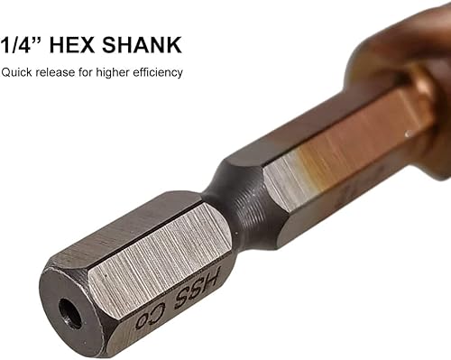 Miniatura 5 de Hymnorq Broca escalonada para acero inoxidable y hierro, acero cobalto de grado M35, flautas de doble espiral, vástago hexagonal de 14 de pulgada, 9