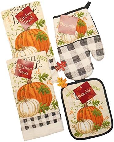 Black and White Buffalo Plaid Fall Kitchen Towel Set with White and Orange Pumpkins -Thankful and Blessed- Includes Towels, Pot Holder and Mitt with 2 Fall Leaf Picks- Bundle of 6