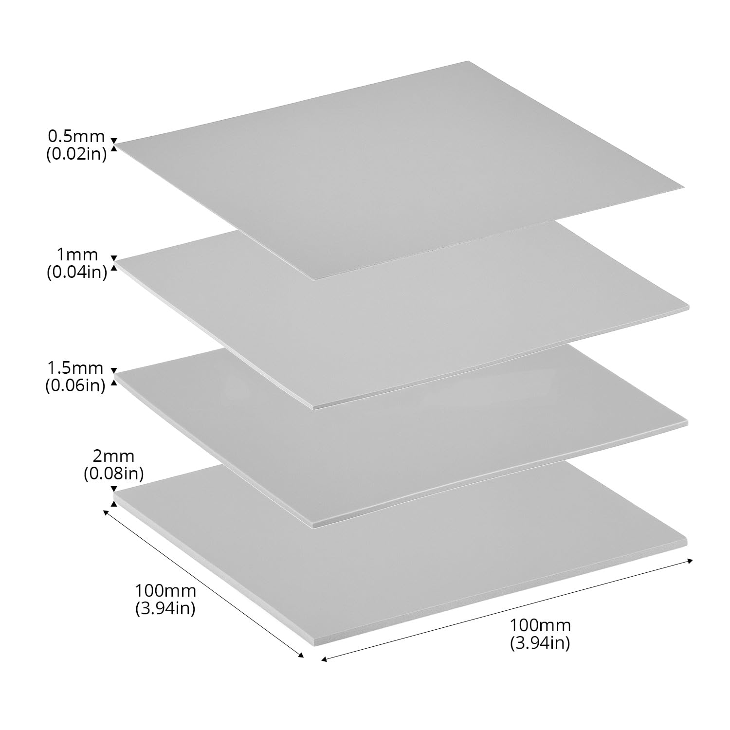 QWORK® 4 szt. Podkładki termiczne 13W/m.K 100x100mm, 0,5/1/1,5/2 mm Nieprzewodząca silikonowa folia do rozpraszania ciepła na GPU, procesorze, SSD M.2, laptopach i konsolach