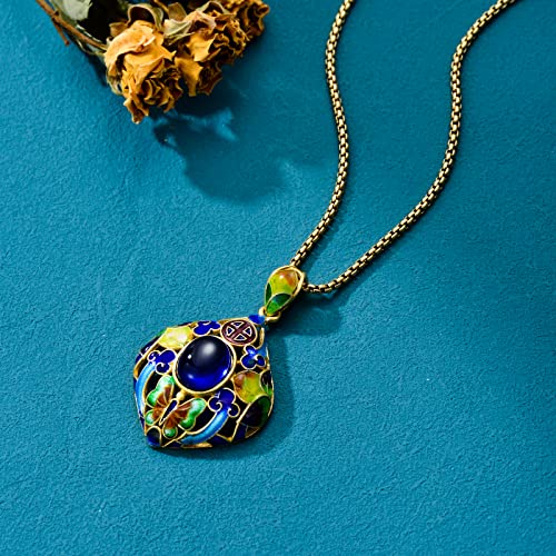 Jkr Blue Jade Pendant Necklace Gold Plated Enamel Vintage Necklace Rhombus Floral Natural Jade Jewelry Mother's Day Gifts For Women Mom Girls Wife Grandmother Sister Daughter #TOP5