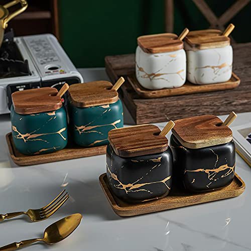 Sets Of 2 Marble Ceramic Seasoning Jars Ceramic Sugar Salt Bowl Condiment Pots With Wooden Lids,Wooden Spoon And Wooden Tray (Black) #TOP4