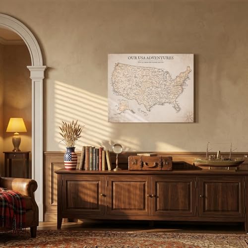Image of IPIC - Vintage USA Map Pin Board Canvas Wall Art, Travel Map with Pins Included, Ready to Hang for Home or Office 30x24 Inch