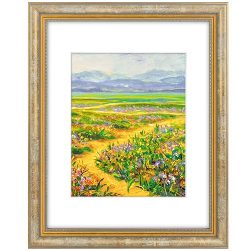 Image of Golden State Art,11x14 Ornate Picture Frame Holds 8x10 Photo,Vintage Gold | Includes real glass front,white mat,build-in hangers and buttons.Displays 8x10 photo on wall