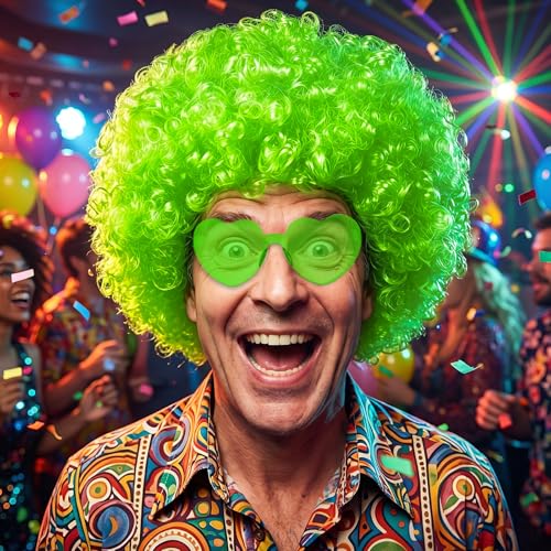 MEEZY Green Afro Wig with Heart Sunglasses for Men Women Funny 70s 80s Disco Party Afro Wigs Colored Short Fluffy Curly Hair with Hair Net for Halloween Cosplay Costume Party Music Festival