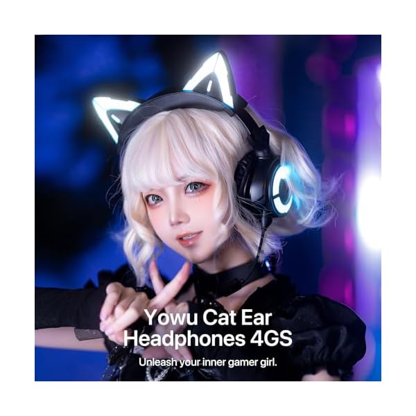 YOWU RGB Cat Ear Headphones 4GS - Gaming Headset for PC PS5 Switch Xbox, 2.4G/Wireless/Wired, Attachable Gaming Microphone, Adjustable Lighting and Effect via ApP (Black) - Image 3